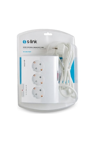 S-Link SPG9-5-15 Akım Koruma ve 2 Adet 2.1A Usb Şarj Soketli 5'li Masaüstü Grup Priz Beyaz