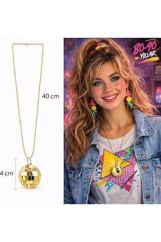 Retro Disko Topu Şekilli 8039ler 9039lar Altın Renk Plastik Kolye "
