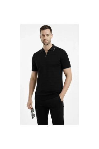Butik İstanbul Erkek Triko Kumaş Yakalı Düğmesiz Açık Yaka Fitilli Kısa Kollu Regular Fit Tişört T-shirt - Siyah
