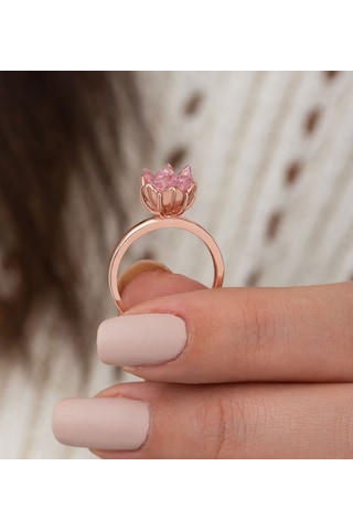 Rose Altın Kaplama Pembe Zirkon Taşlı Lotus Çiçeği Kadın  Yüzük Pembe