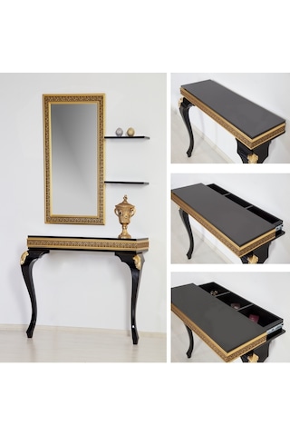 Altın Varak Dresuar Ayna ,Ferro Gizli Bölmeli Dresuar set - Ferro Siyah
