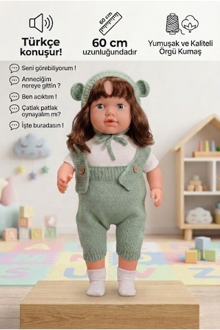Konuşan Bebeğim 60 Cm Türkçe Konuşan Örgü Tulum Ve Şapkalı Kafası Bacakları Kolları Et Oyuncak Bebek 05521482