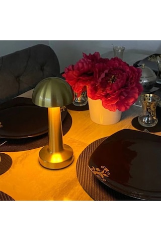 Mantar Model Dimmerli Şarjlı Retro Masa Lambası Gold Renk Işık A