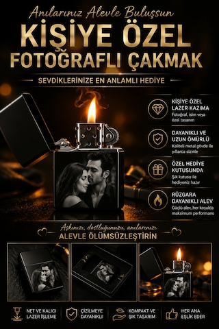 Kişiye Özel Fotoğraflı Çakmak Lazer Kazıma Siyah