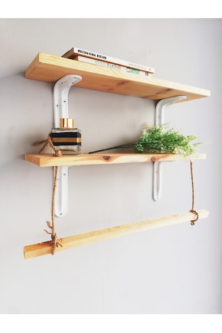 Halatlı Ahşap Dekoratif Duvar Rafı 50x11 Cm, Metal Beyaz Ayaklı