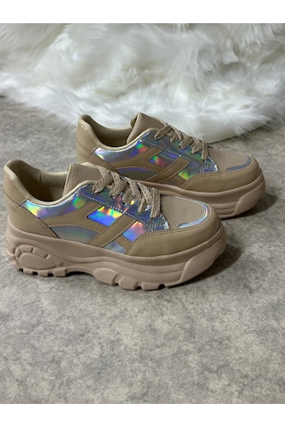 Günlük Kadın Sneaker Kalın Yüksek Taban Bağcıklı Rahat Tiger Şeritli Spor Ayakkabı 032 14- Nut Rugan Holo