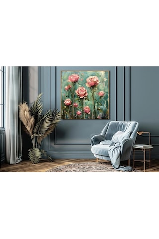 Yağlı Boya Dokulu Tablo Modern Pembe Güller Altın Çerçeveli U02058-178911