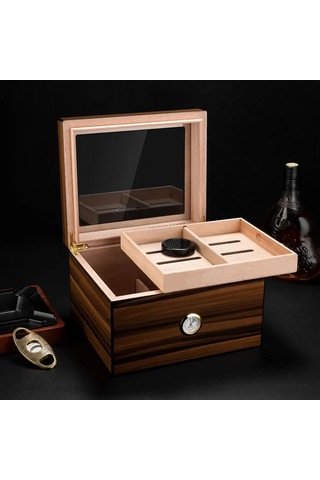Cigarloong Camlı Puro Kutusu Humidor Ceviz 70's
