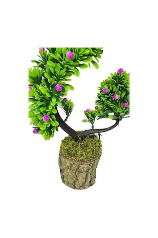 Yapay Çiçek Bonsai Ağacı Kütük Saksıda Lila Tomurcuklu Hilal Model Dekoratif Yapay Ağaç Bonzai 30 20 Cm