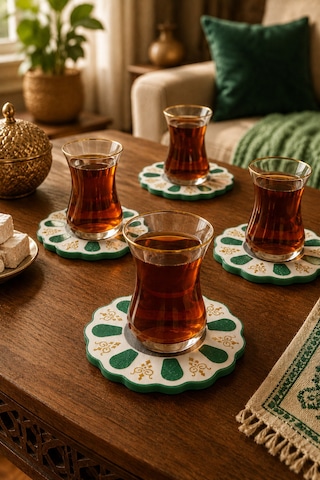 Geleneksel Türk Çay Tabağı Motifli 4 Lü Bardak Altlığı Seti Standlı - Dekoratif Bardak Altlığı - Yeşil Set Diğer
