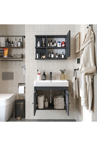 Lavabolu Mat Suntalam 60 Cm Banyo Dolabı, Aynalı Üst Dlp Antrasit
