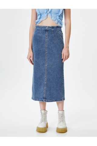 Koton Midi Kot Etek Arkadan Yırtmaç Detaylı Esnek Pamuklu Koyu İndigo 4wal70015md Dark Indigo