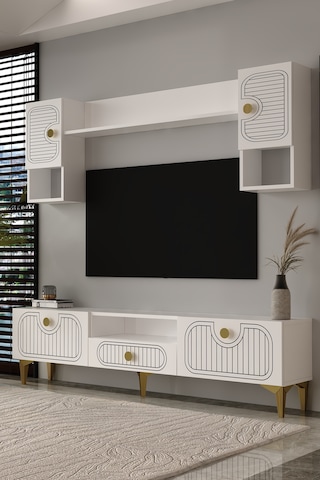 Bellagio Lazer Desenli Tv Ünitesi Takımı Ba Beyaz - Altın