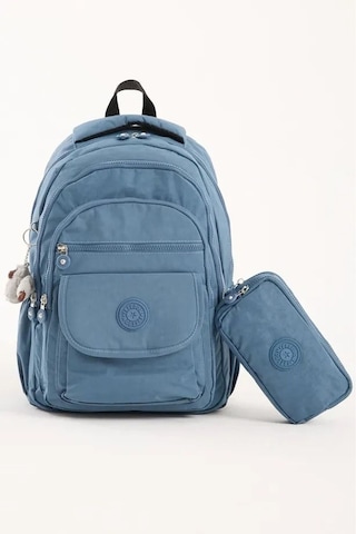 2'li Set Lüx Krinkıl Kumaş Lise Ve Ortaokul Sırt Çantası + Kalemlik, Maymun Anahtarlık Hediyeli Turkuaz