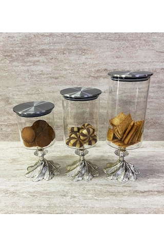 Ayaklı Dekoratif Cam Şekerlik Drajelik Kurabiyelik Sunumluk 3 Boy