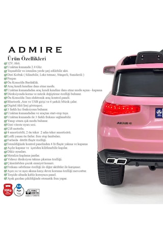 Akülü Kumandalı Pembe Araba Admıre 4x2 Deri Koltuk Ve Bluetooth
