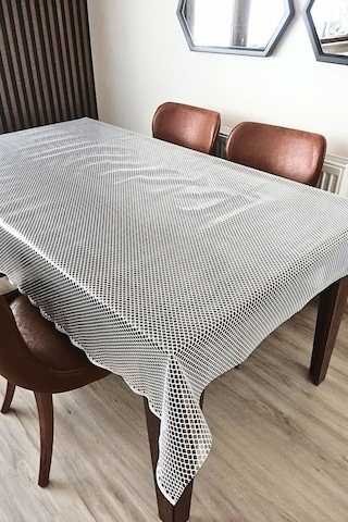 Dantel Görünümlü Üstü Şeffaf Kaplı Muşamba Masa Örtüsü -beyaz Renk-halka-farklı Ölçülerde