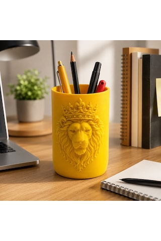 Aslan Figürlü Kalemlik Masaüstü Kalem Organizeri 10x6 Cm 3d Baskı Dekoratif Kalem Kutusu Ofis Ev Çalışma Masası Aksesuarı Sarı