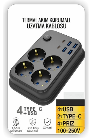 Akım Korumalı 4 Lü Priz 2x Usb-c 4x Usb-a Şarj 2m Kablo Uzatma Çocuk Korumalı Çoklu Priz 2 M