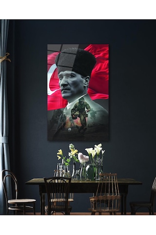 Atatürk Portre Ve Türk Bayrağı Cam Tablo Modern Ev Ofis Salon Hediyelik Büyük Tablo Duvar Dekoru44