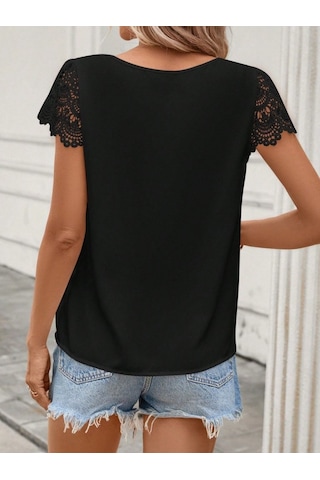 Munn Collection Kadın Kısa Dantel Kollu Bisiklet Yaka Sandy Bluz Siyah