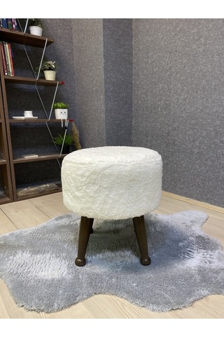 Asedia Miskin Ceviz Teddy Krem Ahşap Ayaklı Peluş Puf Makyaj Koltuğu Yuvarlak Tabure