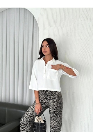 Crop Yakalı Gömlek Üç Çeyrek Sleeve Kol - Beyaz Beyaz