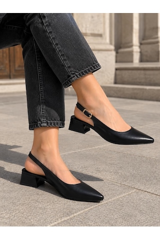 Asmi Shoes Kadın Solvi Siyah Cilt 3 Cm Kısa Topuklu Arkası Açık Ayakkabı