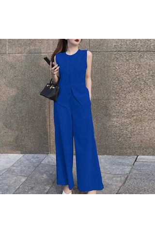 Zanzea Yaz Kıyafetleri Bayan Üstleri Ve Geniş Bacak Pantolon Rahat İki Parçalı Takım Elbise Seti Mavi