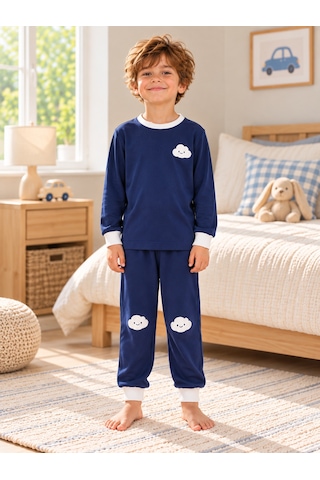 Luess Erkek Çocuk Lacivert Bulut Baskılı Uzun Kollu Süprem Pijama Takımı