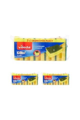 Vileda 141125 Oluklu Hijyenik Bulaşık Süngeri, Tırnak Koruyuculu, 5'li Ekonomik Paket, Yeşil 3lü Paket