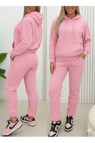 Ahes Shopping Kadın Uzun Kollu Kapşonlu Bağcıklı Üç Iplik Bluz Ve Pantolon Ikili Takım Pembe