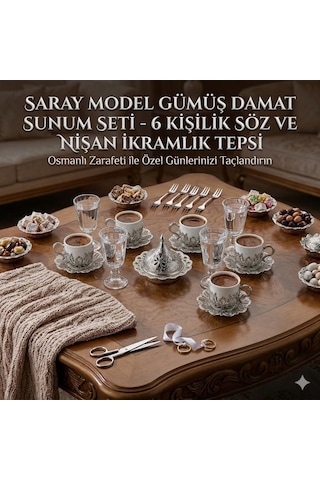 Lexroo Osmanlı Saray Model Gümüş Damat Sunum Seti, 6 Kişilik, Söz Ve Nişan İkramlık, Osmanlı Tarzı