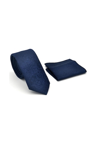 Şal Desenli Lacivert Dokuma Kumaş Mendilli Slim Fit Kravat // Sdk-2506-2 Lacivert