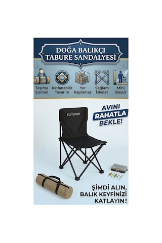 Kamptek Doğa Ve Balıkçı Sandalyesi - Yer Kaplamaz Mini Boy Tabure Telefon Koyma Cepli Sağlam Balıkçı Sandalye Tabure Siyah