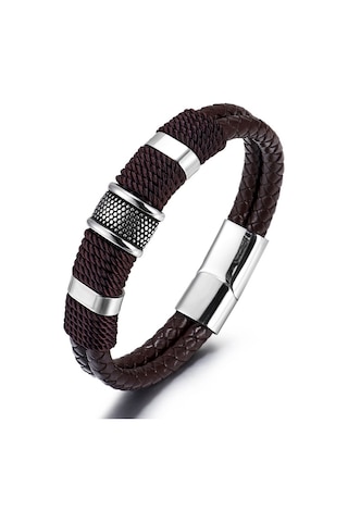 Tesbihane Birinci Sınıf Çift Katmanlı Kahverengi Deri & Halat & Gümüş Renk Erkek Bileklik Kahverengi