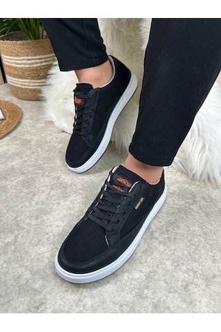 Günlük Erkek Sneaker Bağcıklı Kaymaz Taban Keten Deri Detaylı Oval Burun Spor Yürüyüş Ayakkabı 2545 Siyah Beyaz