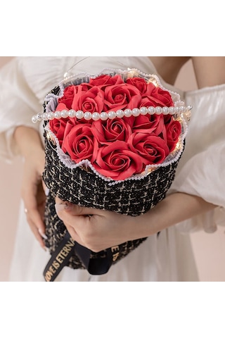 Hangfox 21 Adet Kekik Kız Mavi Buz Gül Soap Çiçek Buketi - Hediye Çantası Ve Lambalı Doğum Günü Özel Hediyesi