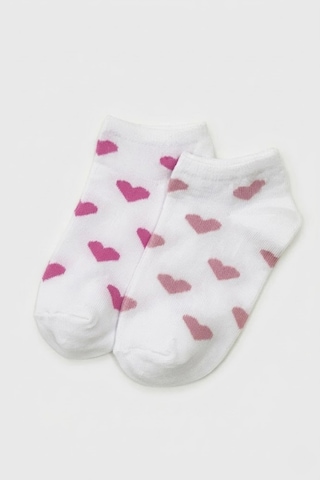 Cocole Socks Kız Bebek Patik Çorabı 2 Li Set Pamuklu Beyaz Zemin Üzeri Fuşya & Gül Kurusu Kalp Desen Çok Renkli