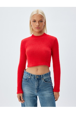 Koton Crop Triko Kazak Uzun Kollu Yuvarlak Hafif Dik Yaka Slim Fit Kırmızı 5wak30076ek Kırmızı