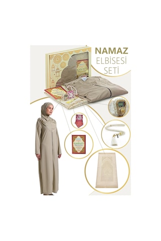 Vizon Kadın Pratik Başörtülü Fermuarlı Tek Parça Namaz Elbisesi Seccade Seti