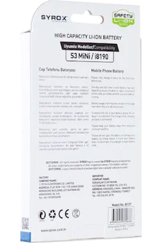 Syrox Samsung Uyumlu S3 Mini / İ8190 / 8160 Ace2 Batarya - Syx-B127