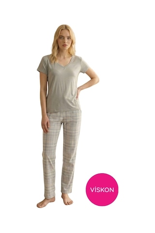 Seamlife Kadın Desenli Düğmesiz Bisiklet Yaka Kısa Kol Pijama Takımı-slim Fit Yazlık Homewear gri