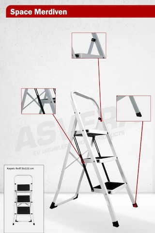 Asvera Space 3 Basamaklı Ev Tipi Metal Merdiven - Katlanır Geniş Kaymaz Mutfak Ve Ev Merdiveni Slim