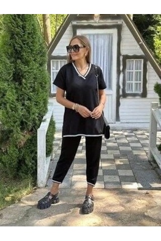 The İstanbul Kadın Kısa Kollu V Yakalı Iki Iplik Bluz Ve Pantolon Ikili Takım Siyah