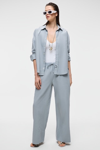 VESTA Kadın %100 Pamuk Keten Görünümlü Flamlı Oversize Gri Gömlek