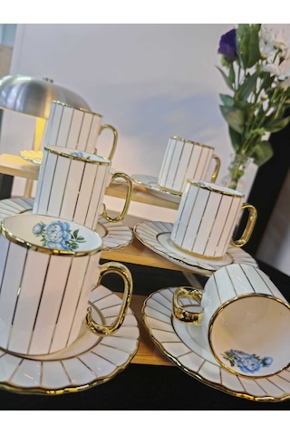 Sihir Mien Gold Detaylı Çizgili Tasarım Kahve Fincanı Takımı Model: Shrcizgilitkm Mavi