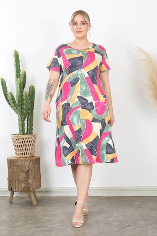 Kadın Pembe Gri Geometrik Desen Midi Elbise Pembe