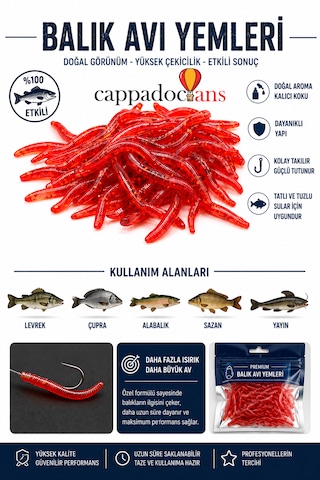 Cappadocians Silikon Solucan Suni Balık Yemi & Av Malzemeleri Sazan - Levrek - Turna Balıkları, 100 Adet 3,5 Cm Küçük Boy, Kırmızı, Esnek Yapı
