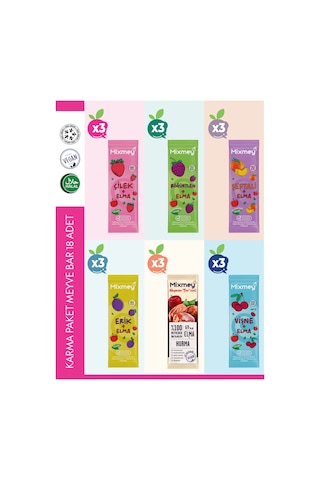 Mixmey Karma 3 Meyve Bar 18 Adet | Atıştırmalıklar – Vegan, Glutensiz, Koruyucusuz 20gr X 18 Adet